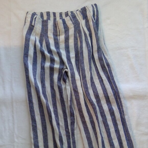 Charmed Heart Linen Pants Blend Blue & White Striped Pocketed Belt Looped Pants - Picture 2 of 10